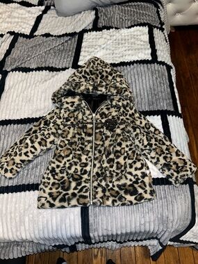 Kids Leopard Print Faux Fur Hooded Coat - Beige/Black